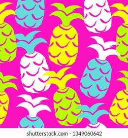 Tropical seamless pattern with pineapples. Neon color. Vector illustration.