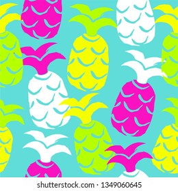 Tropical seamless pattern with pineapples. Neon color. Vector illustration.