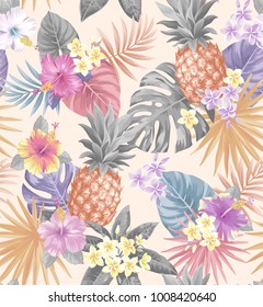 Tropical seamless pattern with pineapples, palm leaves and exotic flowers. Vector illustration.