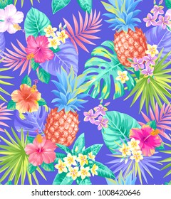 Tropical seamless pattern with pineapples, palm leaves and exotic flowers. Vector illustration.