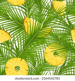 Tropical seamless pattern with pineapples and palm leaves. Vector ornament with exotic fruits and leaves. Sliced pineapple. Hand drawn illustration for wrapping paper, apparel, print