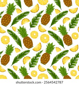 Tropical seamless pattern with pineapples and palm leaves. Vector ornament with exotic fruits and leaves. Sliced pineapple. Hand drawn illustration for wrapping paper, apparel, print