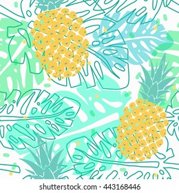 tropical seamless pattern with pineapples and palm leaves, vector summer pattern