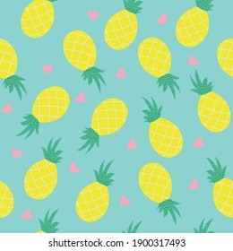 Tropical seamless pattern with pineapples and pink hearts on blue background. Vector illustration. 