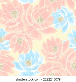 Tropical seamless pattern of pink and blue lotuses for fabric and wallpaper