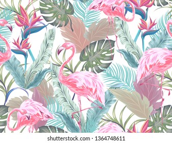 Tropical seamless pattern with pink flamingo, exotic flowers and leaves. Vector patch for wallpapers, fabric, surface textures, textile.