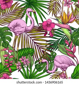 Tropical seamless pattern. Pink flamingo, exotic flowers and palm leaves on white background. Vector color hand drawn sketch illustration. Summer trendy design for fashion textile prints.