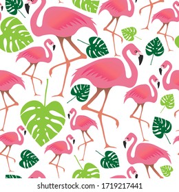 Tropical seamless pattern with pink flamingo and green monstera leaves. Vector summer design background. Perfect for greeting cards, posters, textile and seasonal design. EPS 10
