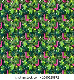 Tropical seamless pattern with pink flamingos and palm leaves. Design for fabric, wallpaper, textile and decor.