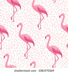 Tropical seamless pattern with pink flamingos. Vector summer background with flamingo birds and chaotic rose spots. Trendy exotic wallpapers. Repeat design for decoration, fabric, prints, clothing