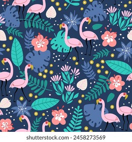 Tropical seamless pattern with pink flamingos and leaves and flowers in a cartoon style on a blue background. Design for fabric, textile, wrapping paper and other decoration.