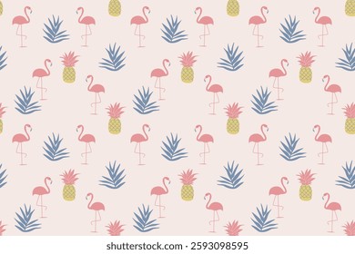 Tropical seamless pattern with pink flamingos, pineapples, and blue palm leaves on pastel