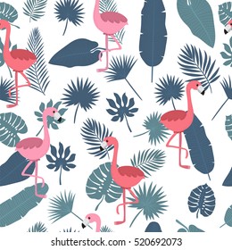 Tropical seamless pattern with pink flamingos and palm leaves. Vector illustration