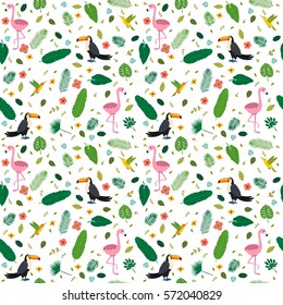 Tropical seamless pattern with pink flamingos, hummingbirds, toucans, flowers and green palm leaves. Vector illustration.