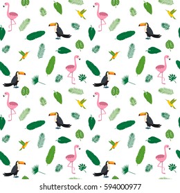 Tropical seamless pattern with pink flamingos, hummingbirds, toucans and green palm leaves. Vector illustration