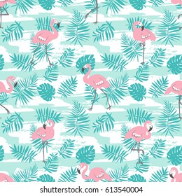 Tropical seamless pattern with pink flamingos and green palm leaves. Vector design for fabric, wrap paper or wallpaper. Exotic Hawaii art background. 