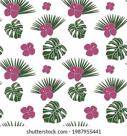 tropisches nahtloses Muster mit rosafarbenen Blumen, mit exotischen Palmblättern, Monstera und Hibiskus-Blumen für Stoffe, Papier, Textilien, Geschenkpackung einzeln auf weißem Hintergrund