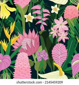 Tropical seamless pattern with pink tropical flowers including ginger and protea. Hand drawn vector illustration
