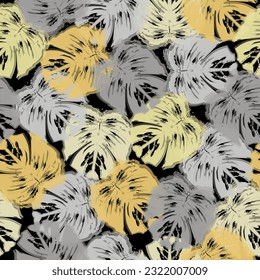 Tropical seamless pattern with pink flowers, leaves and butterfly.  Tropic floral wallpaper on black background. Jungle textile print.
