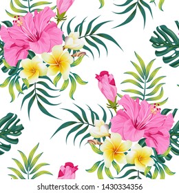 Tropical seamless pattern with pink hibiscus and plumeria flowers and green palm leaves and monstera leaves on a white background. Exotic wallpaper.
