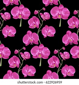 Tropical seamless pattern with pink orchids flowers. Tropic floral wallpaper isolated on black background. Exotic textile print.