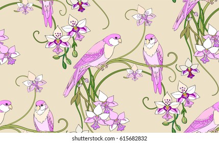 Tropical seamless pattern with pink parrot and orchid.