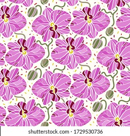 Tropical seamless pattern with pink purple orchids flowers. Tropic floral wallpaper isolated on light background. Exotic textile print. Vector flat graphics