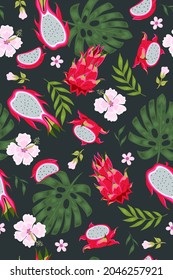 Tropical seamless pattern with pitaya, leaves and flowers. Vector graphics.