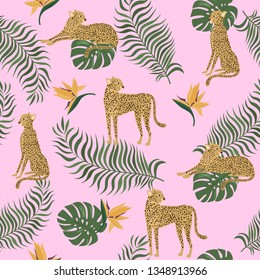 Tropical seamless pattern with tropical plant and leopard. Be wild, Urban jungle card. Editable vector illustration