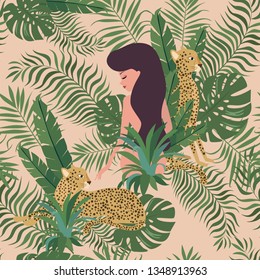 Tropical seamless pattern with tropical plant, woman and leopard. Be wild, Urban jungle card. Editable vector illustration