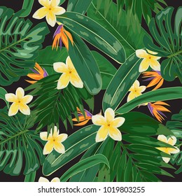 Tropical seamless pattern with plants and flowers
