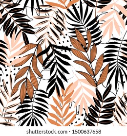 Tropical seamless pattern with plants and leaves on white background. Jungle print, print, fabric, Wallpaper. Floral pattern, Hawaii. Seamless vector texture. Exotic wallpaper, Hawaiian style.