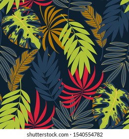 Tropical seamless pattern with plants and leaves on a dark background. Illustration in Hawaiian style. Jungle leaves. Summer background with exotic leaves. Hand draw texture.