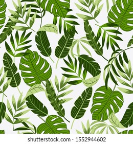 Tropical seamless pattern with plants and leaves in green tones. Trendy summer Hawaii print. Floral tropical pattern background with exotic leaves, jungle leaf. Vector background for various surface. 