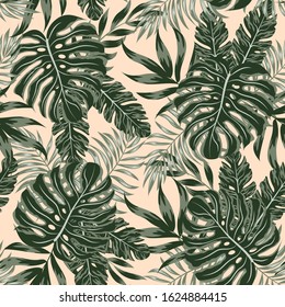 Tropical seamless pattern with plants and leaves on a pink background. Creative abstract background.  Illustration in Hawaiian style. Jungle leaves. Botanical pattern. Exotic wallpaper.