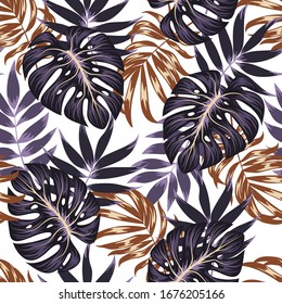 Tropical seamless pattern with plants and leaves. Floral tropical background with exotic leaves, jungle leaf. Vector background for various surface. Exotic wallpaper, Hawaiian style.