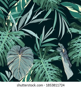 Tropical seamless pattern. Plants and leaves on vintage black background. Seamless exotic pattern with tropical plants. Jungle leaves. Botanical pattern.