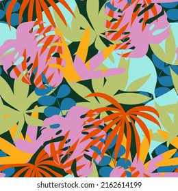 Tropical seamless pattern with plants and leaves on a dark background. Creative abstract background. Exotic wallpaper, Hawaiian style. Jungle leaves. Botanical pattern.
