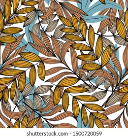 Tropical seamless pattern with plants in yellow tones. Colorful stylish floral. Jungle leaf seamless vector floral pattern background. Modern abstract design for fabric, paper. Exotic wallpaper.