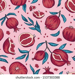 Tropical seamless pattern with pomegranate fruit on the pink background. Armenian fruit repeated background. Vector bright print for fabric or wallpaper design. 