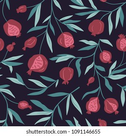 Tropical seamless pattern with pomegranate trees. Fruit repeated background. Vector bright print for fabric or wallpaper.