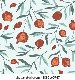 Tropical seamless pattern with pomegranate trees. Fruit repeated background. Vector bright print for fabric or wallpaper.