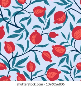 Tropical seamless pattern with pomegranate trees. Fruit repeated background. Vector bright print for fabric or wallpaper.