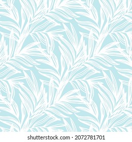 Tropical seamless pattern print with white palm leaves on blue background. Illustration for Surface, Invitation, Notebook, Banner, Wrap Paper, Textile, Cover, Magazine, Postcard, Fabric