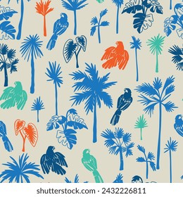 Tropical seamless pattern print.Parrot drawing with palm tree seamless pattern.Fun t-shirt design for summer.