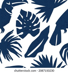 Tropical seamless pattern print.Toucan drawing with tropical leaves seamless pattern.Fun t-shirt design for kids.