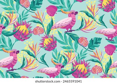 Tropical seamless pattern with protea flowers, jungles leaves, parrot, pomegranate, leopard spots on blue background. Floral textile tropical ornament. Exotic wrapping paper