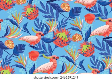 Tropical seamless pattern with protea flowers, jungles leaves, parrot, pomegranate, leopard spots on blue background. Floral textile tropical ornament. Exotic wrapping paper