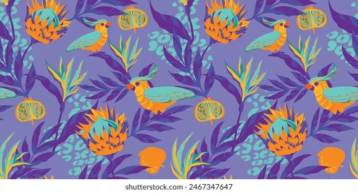 Tropical seamless pattern with protea flowers, jungles leaves, parrot, pomegranate, leopard spots on purple background. Floral textile tropical ornament. Exotic wrapping paper