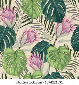 Tropical seamless pattern with protea and palm leaves. Summer print. Vector illustration